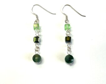 Faceted Jasper and Crystal Cube Sterling Silver Dangle Earrings