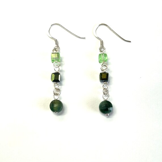 Faceted Jasper and Crystal Cube Sterling Silver Dangle Earrings