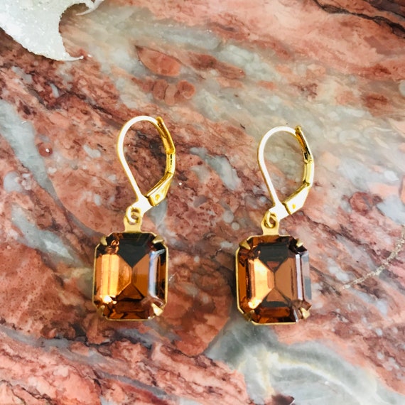 Dark Topaz Octagon Faceted Glass Dangle Earrings