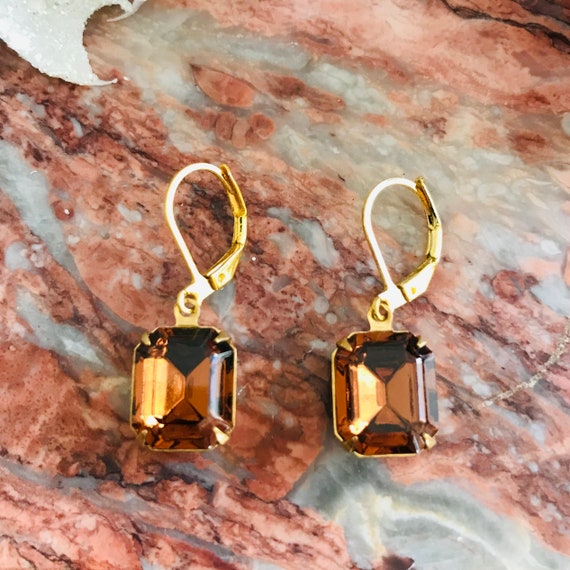 Dark Amber Octagon Faceted Glass Dangle Earrings