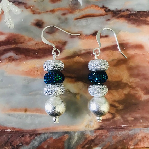 Holiday Sparkly Silver and Blue Dangle Earrings