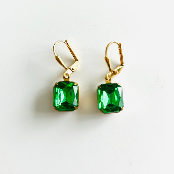 Peridot Green Octagon Faceted Glass Dangle Earrings