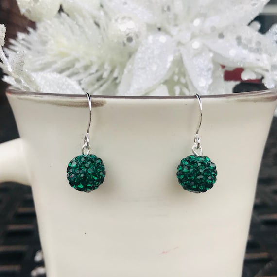 Green Pave Crystal Ball Holiday Dangle Earrings