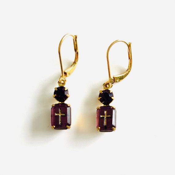 Siam Red Octagon Zircon with Gold Intaglio Cross and Rhinestone Dangle Earrings