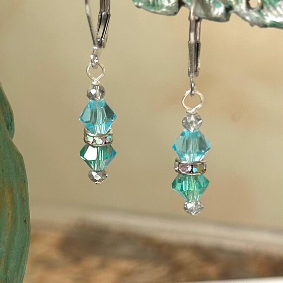 Aqua Blue AB Crystal and Rhinestone Dangle Earrings