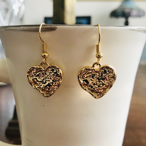 Rustic Golden Heart Dangle Earrings