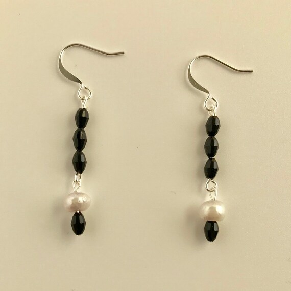 Freshwater Pearl and Black Glass Dangle Earrings