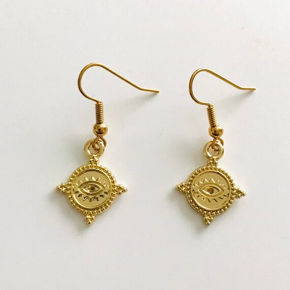 Etruscan Style Gold Evil Eye Dangle Earrings