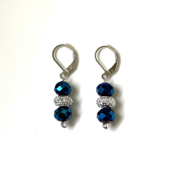 Sapphire Blue AB Crystal and Rhinestone Dangle Earrings