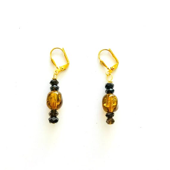 Smoky Quartz and Amber Cracked Crystal Dangle Earrings