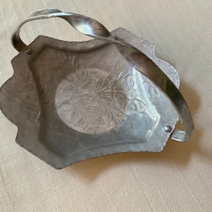 Vintage Continental Aluminum Basket Candy Dish Floral Pattern Twisted Handle