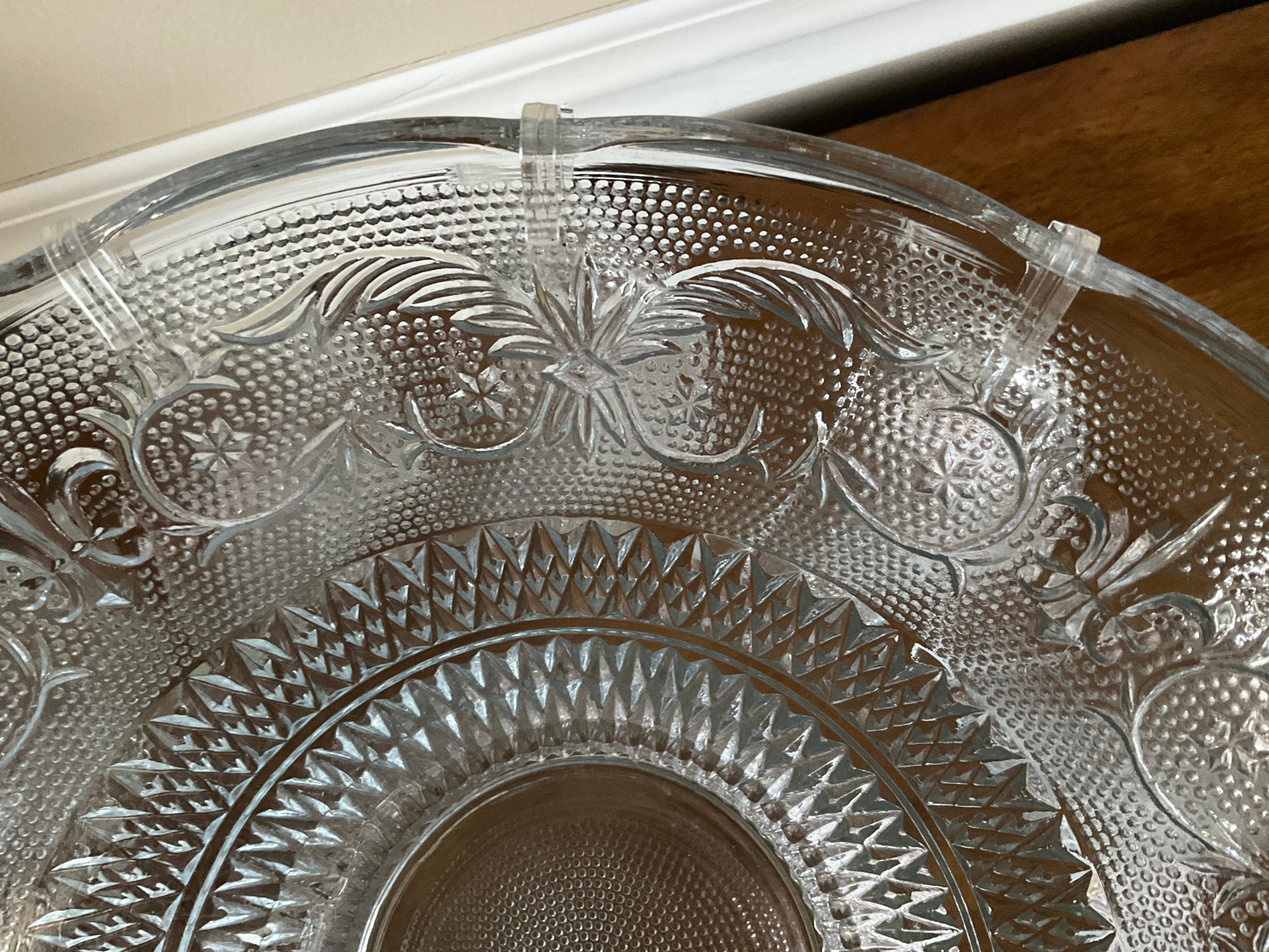 Vintage Sandwich Glass Punch Bowl Set With 12 Cups Hooks Bridal Shower