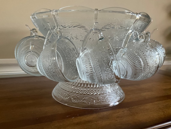 Vintage Sandwich Glass Punch Bowl Set With 12 Cups Hooks Bridal