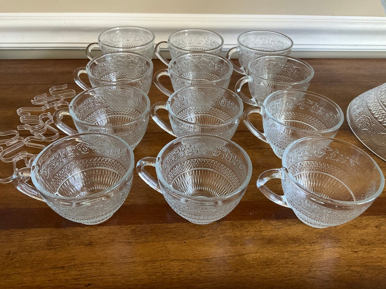 Vintage Sandwich Glass Punch Bowl Set With 12 Cups Hooks Etsy