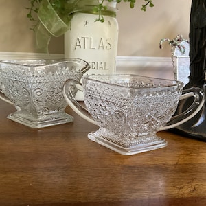 Indiana Sandwich Glass Sugar and Creamer Diamond Shaped