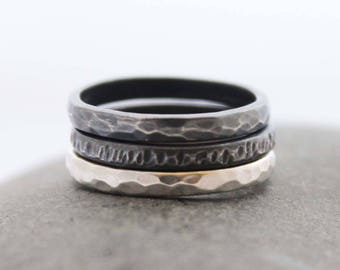 Oxidised Silver Stacking 3 Ring Set - Hammered Black Sterling Silver Stacker Stackable Unisex UK