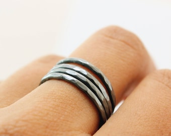 Oxidised Silver Stacking Rings, Slim Stacking Rings, Sterling Silver, Hammered Rings, Thin Stackable Ring, Delicate, Daint Textured, Stacker