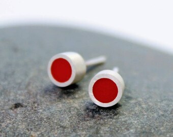 Resin & Silver Stud Earrings, Orange, Red, Sterling Silver Earrings, Modern, Stud Earrings,  Simple Earrings, Small Earrings, Gift For Her