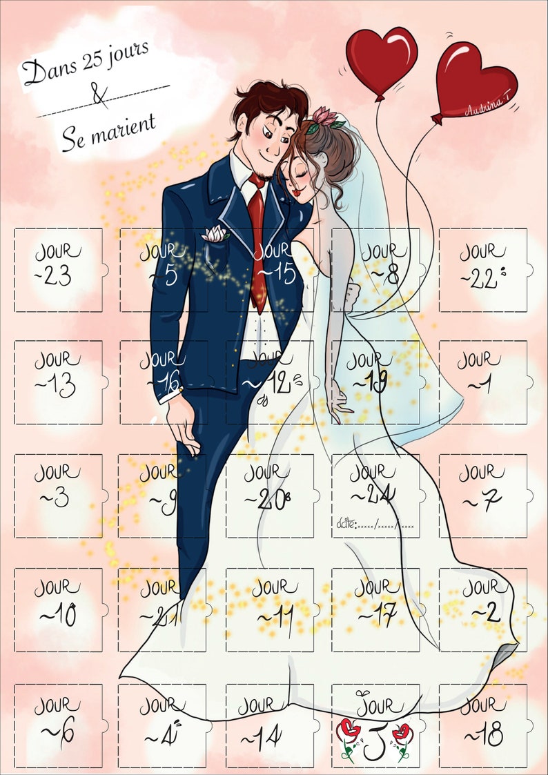 Calendrier compte a rebours avant le mariage 25 jours - Créatrice ETSY : CalendrierEvenement 