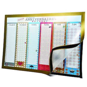 Peut inclure: Calendrier d'anniversaires coloré avec une bordure dorée, affichant les mois de janvier à juin. Chaque mois est encadré d'un design unique et d'icônes telles que des cœurs, des parapluies et des poissons. Le titre est "JOYEUX ANNIVERSAIRES".