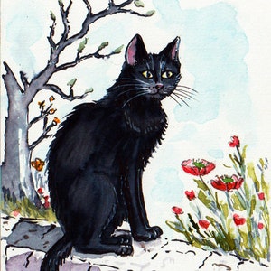 Carte aquarelle originale peinte à la main Chat noir sur un muret