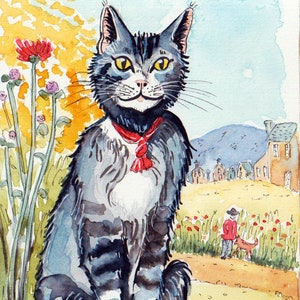 Carte aquarelle originale peinte à la main Grand chat tigré de campagne