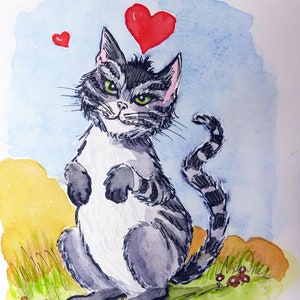 Carte aquarelle originale peinte à la main Chaton coquin amoureux
