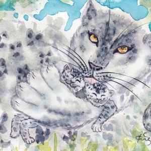 Carte aquarelle originale peinte à la main Panthère et ses petits