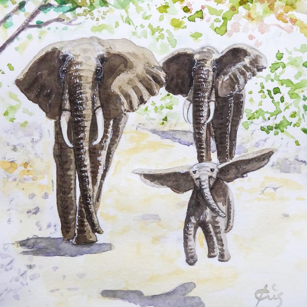 Aquarelle originale peinte à la main Famille éléphant