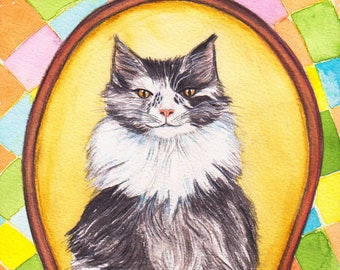 Aquarelle originale peinte à la main chat assis dans un fauteuil CatMoon le Maine Coon