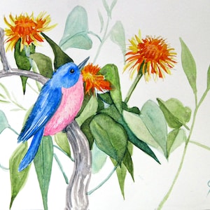 Original hand painted watercolor Pink and blue bird in yellow flowers