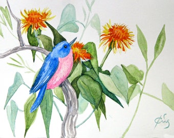 Original handgemaltes Aquarell rosa und blauer Vogel in gelben Blumen