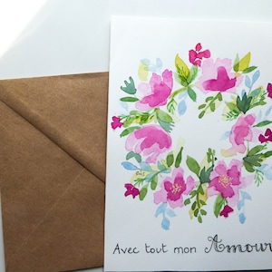 Carte aquarelle originale peinte à la main Couronne de fleurs roses