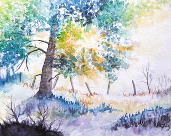 Aquarelle originale peinte à la main Le soleil est dans l'arbre