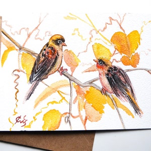 Carte postale en aquarelle peinte à la main fauvettes dans les vignes