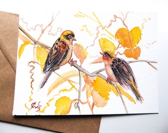 Hand painted watercolor postcard warblers in the vineyards