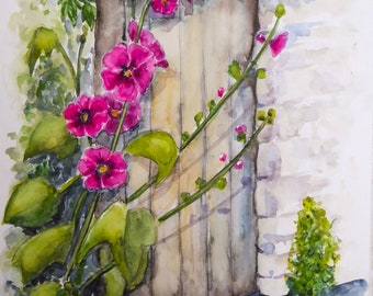 Aquarelle originale peinte à la main Vieille porte et roses trémières