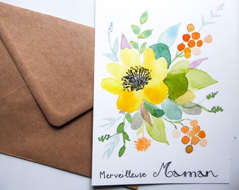 Original handgemaltes Aquarell Muttertagskarte Gelbe Blume und orange Kugeln