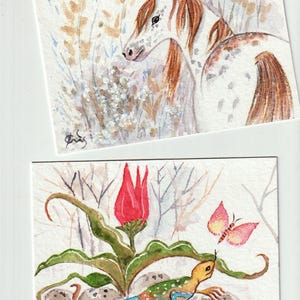 Cartes postales aquarelles originales peintes à la main Cheval sauvage et petit lézard coloré