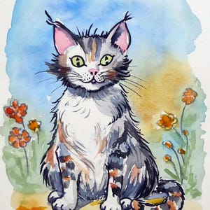 Carte aquarelle originale peinte à la main Chatonne calico