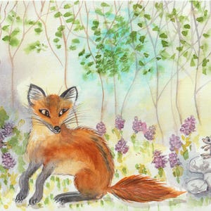 Original handgemaltes Aquarell Fuchs und Maus