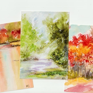 Cartes postales tirées de mes aquarelles originales Paysages d'arbres et d'eau