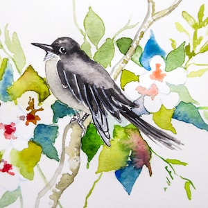 carte postale en aquarelle originale peinte à la main Oiseau gris dans les fleurs