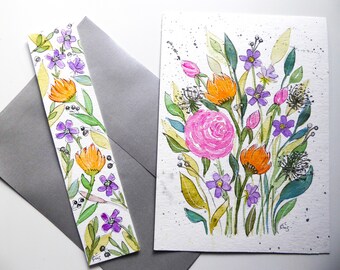 Original hand-painted watercolor card and bookmark Flowers flames and pink