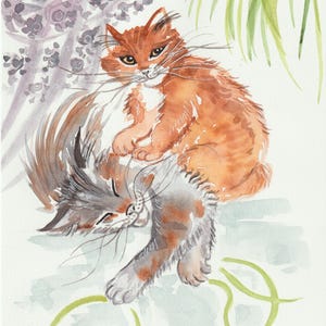 aquarelle originale peinte à la main Chats d'amour