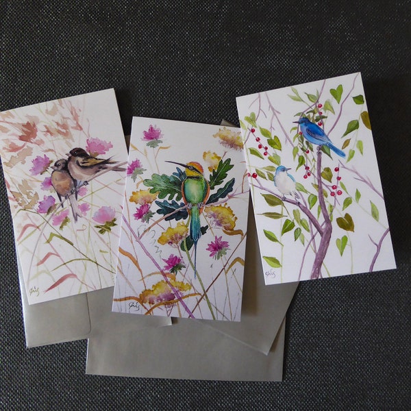 Lot de  3 cartes doubles d'après mes aquarelles originales Oiseaux dans les branches