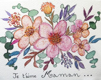 Carte fête des mères aquarelle originale peinte à la main Je t'aime maman