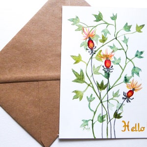 Carte Hello aquarelle originale peinte à la main Lierre et cynorrhodon