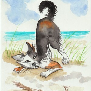 aquarelle originale peinte à la main Chien et baton sur la plage