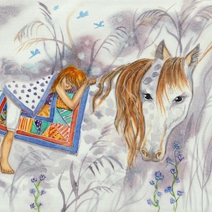 aquarelle originale peinte à la main Sieste à cheval